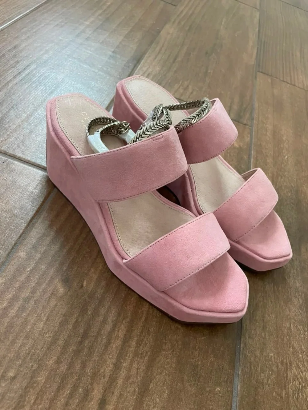 CECILIA NEW YORK Baleves Pink Suede Platform Wedge Sandals with Chain Strap